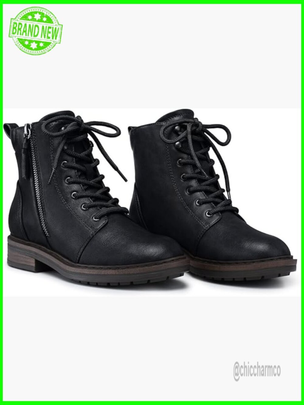 Lace-up Combat Boots Low Heel Lug Sole Side Zipper Short Booties